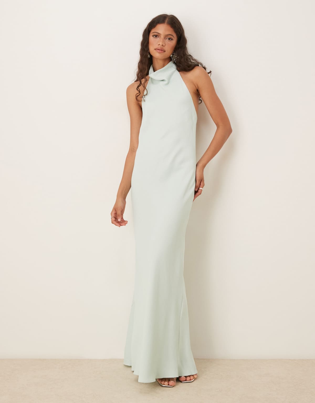 Mango halter neck satin dress in pale mint