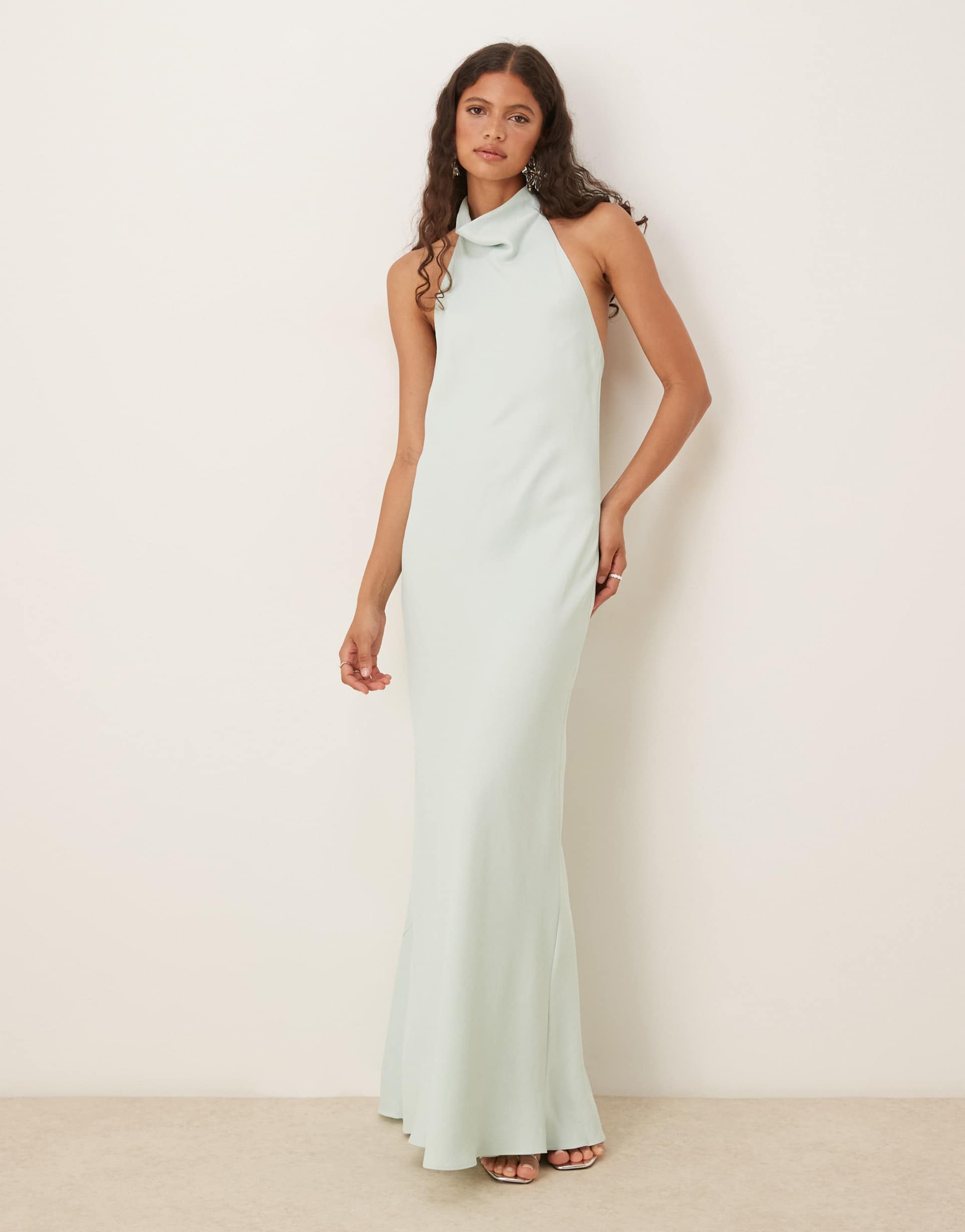 mango halter neck satin dress in pale mint
