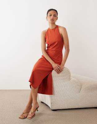 Mango Draped Midi-dress In Orange