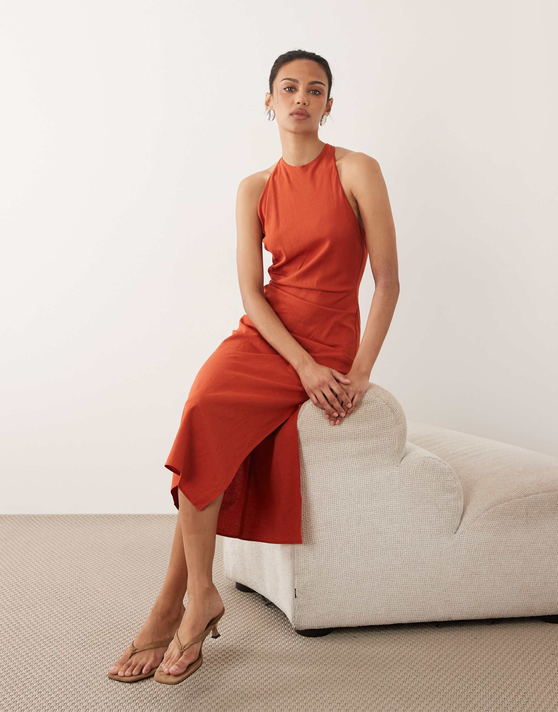mango halter neck sleeveless dress with draped detailing in orange