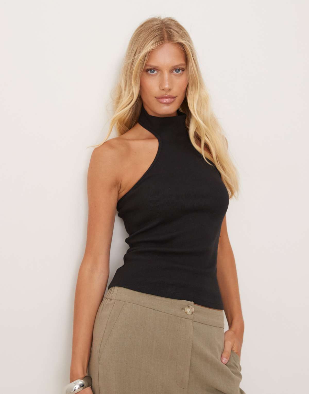 Mango halter racer neck vest top in black