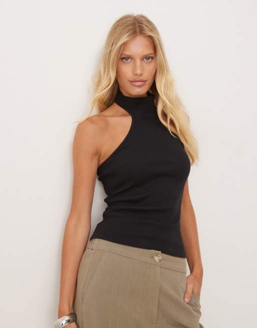 Mango halter racer neck vest top in black 