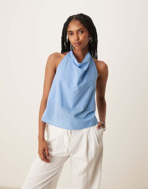 Mango halter studded tie back top in pale blue - view 1