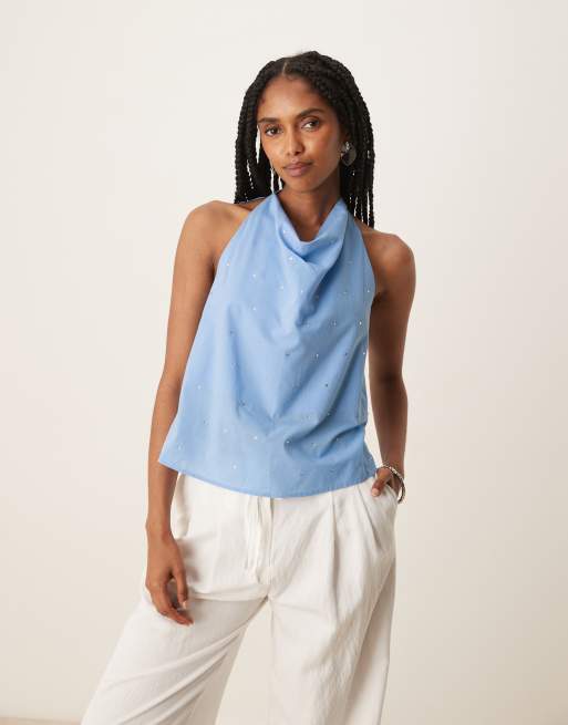 Mango halter studded tie back top in pale blue