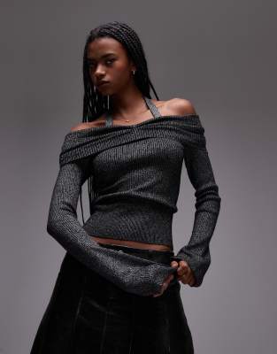 Mango Halterneck And Bardot Long Sleeve Knitted Top In Gray