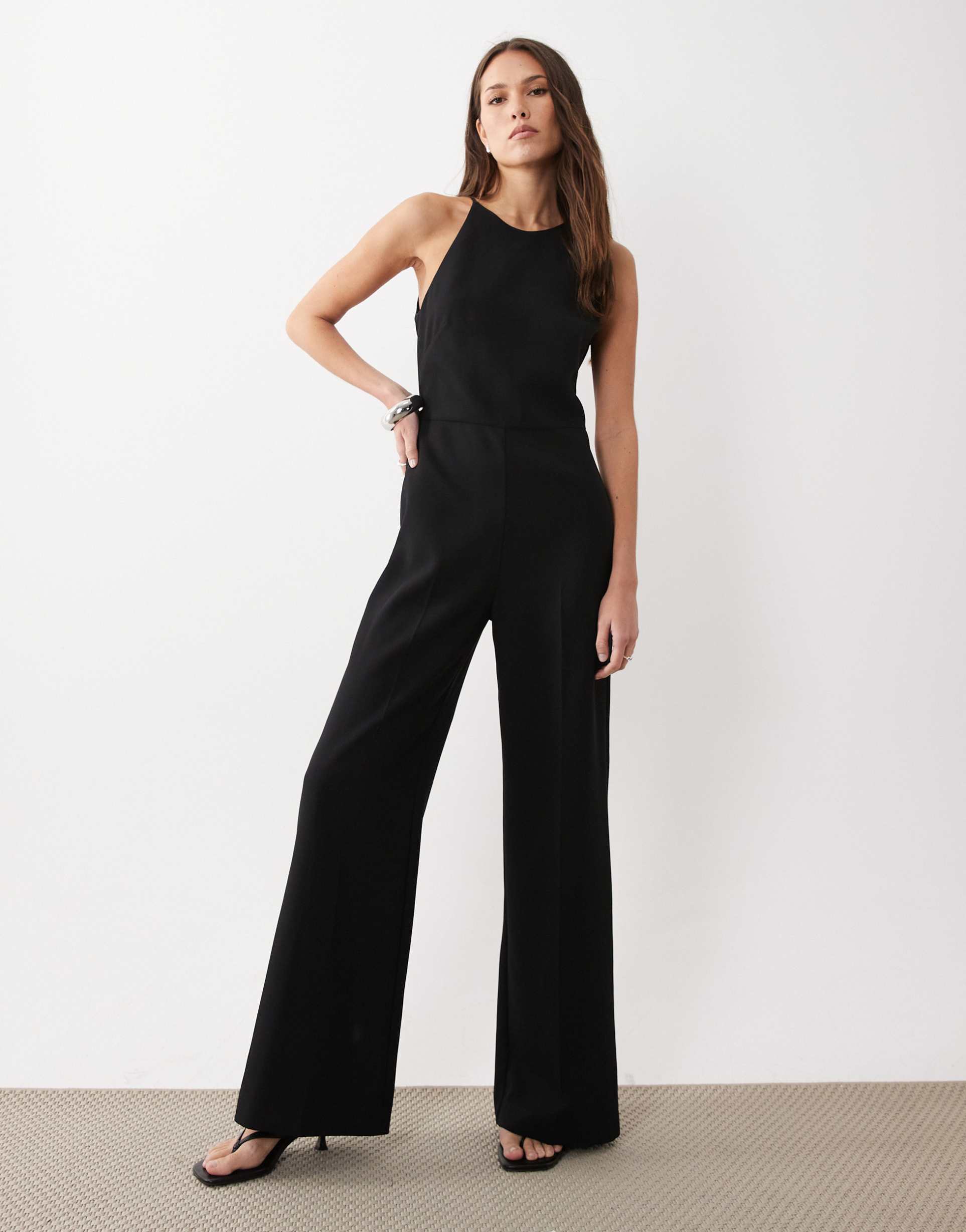 mango halterneck backless jumpsuit in black