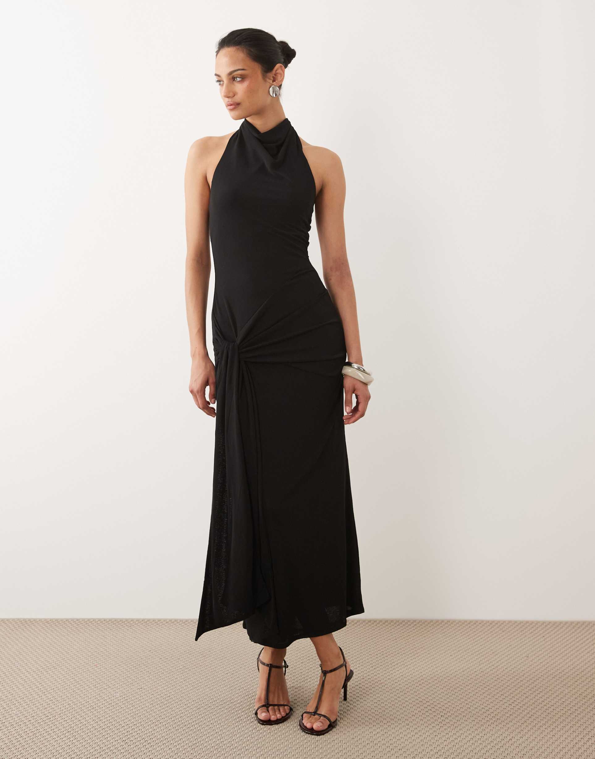 mango halterneck backless maxi dress in black