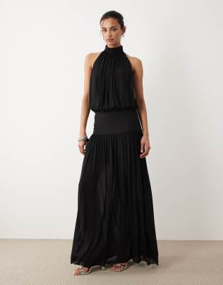 Mango Halterneck Drop Waist Maxi Dress In Black