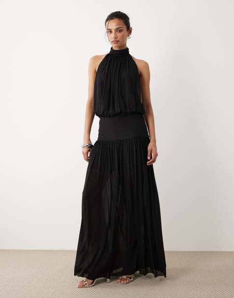  Mango halterneck drop waist maxi dress in black  - view 1