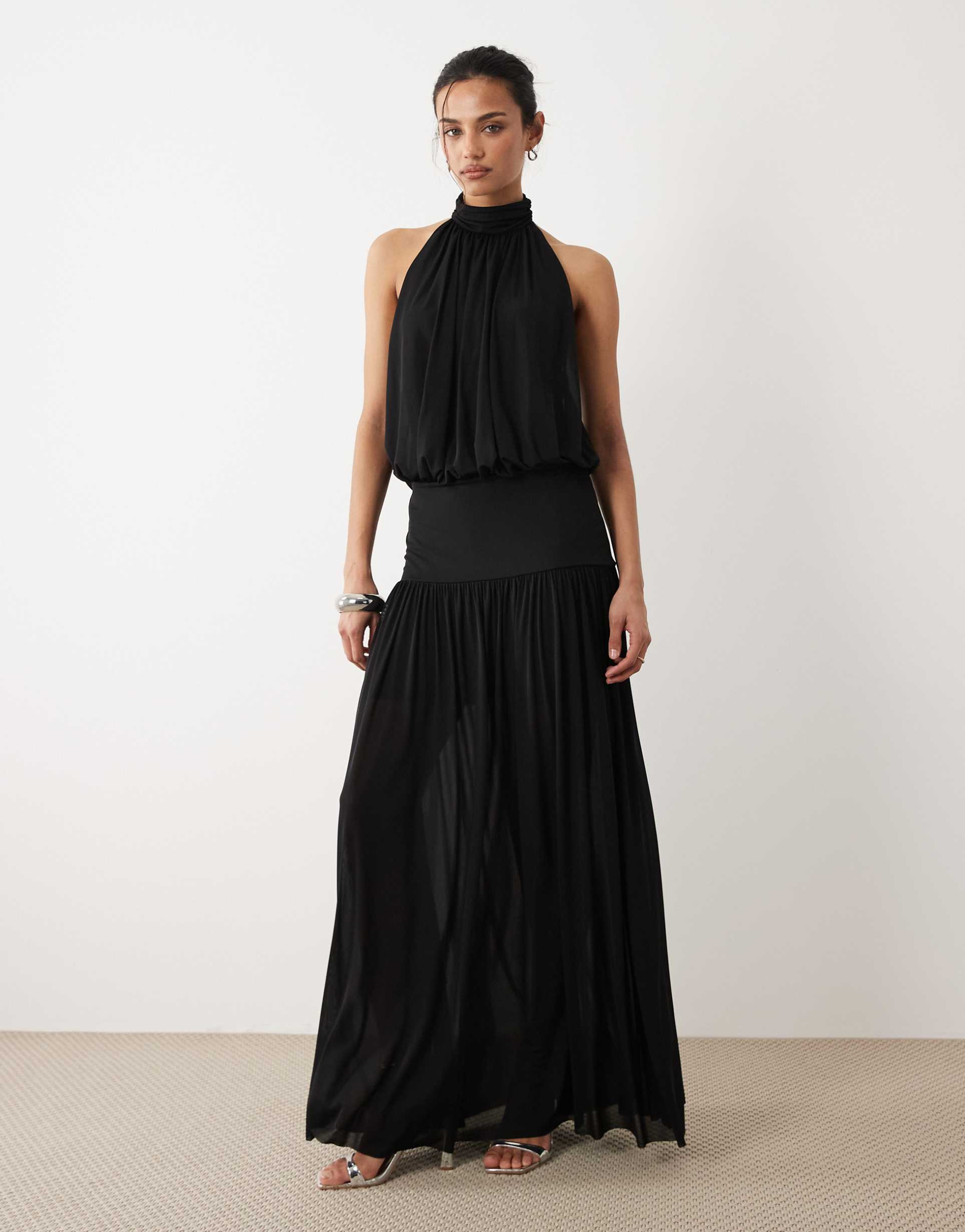 mango halterneck drop waist maxi dress in black