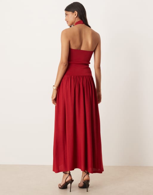 Mango halterneck drop waist maxi dress in red, 4 of 4