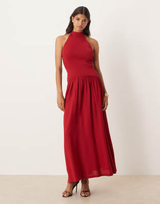 Mango Halterneck Dropped Waist Maxi Dress In Red