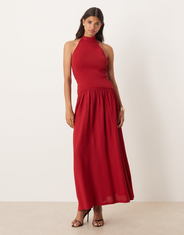 mango red halter dress halterneck dropped waist maxi in 489