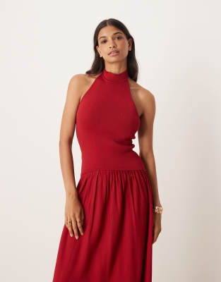 Mango Halterneck Dropped Waist Maxi Dress In Red