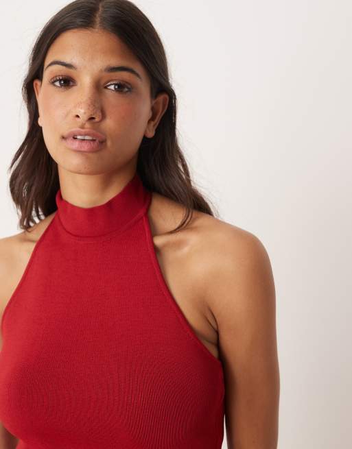 Mango halterneck dropped waist maxi dress in red, 3 of 4