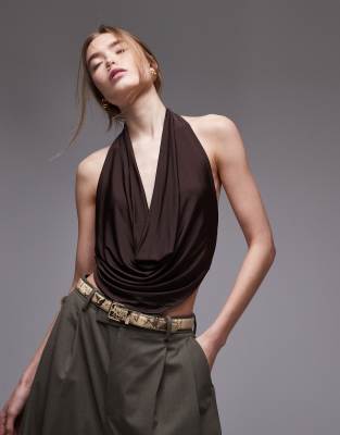 Mango halterneck floaty top in dark brown
