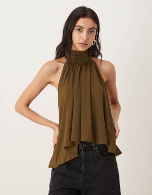 Mango Mango halterneck flowy top in khaki-Green