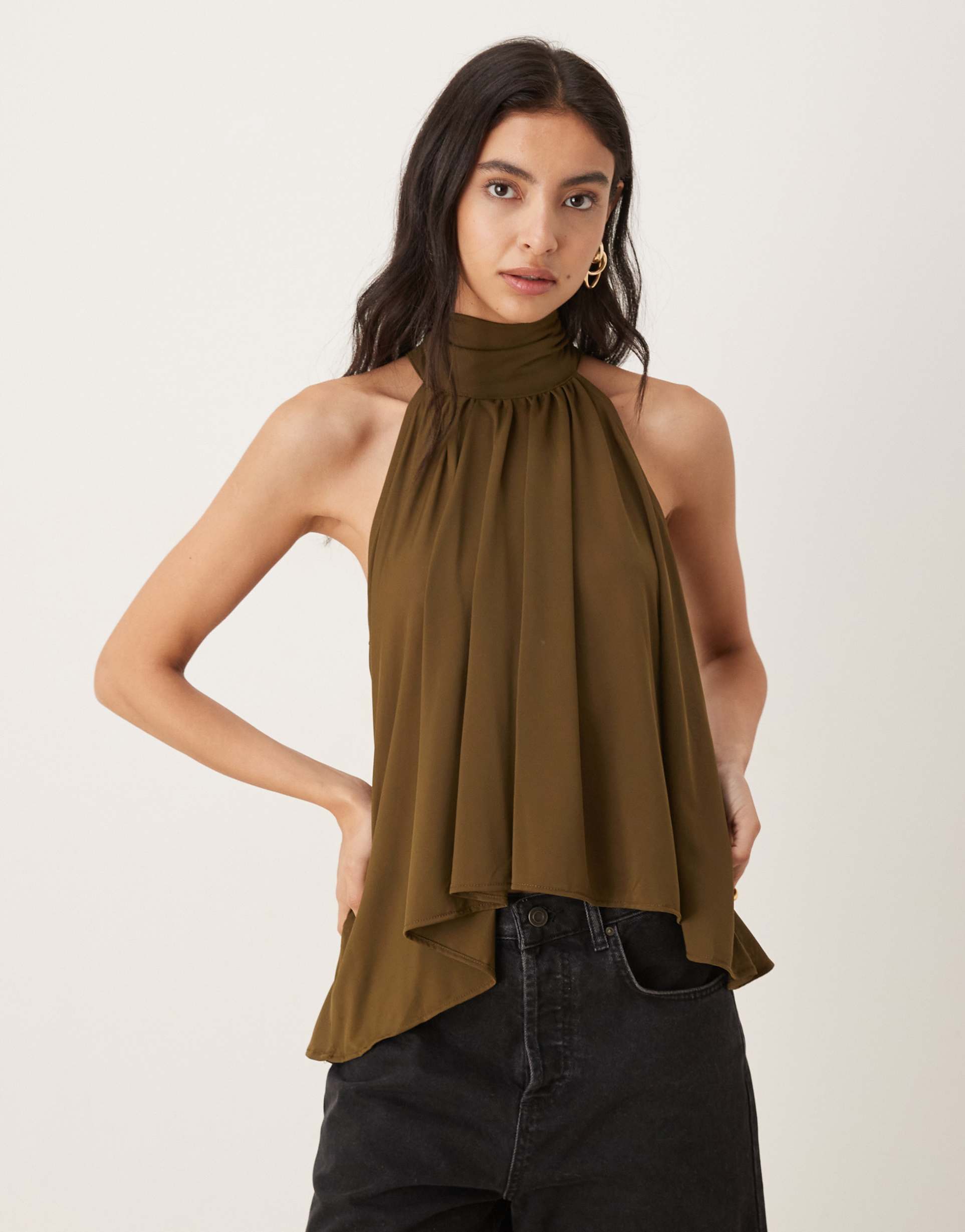 mango halterneck flowy top in khaki