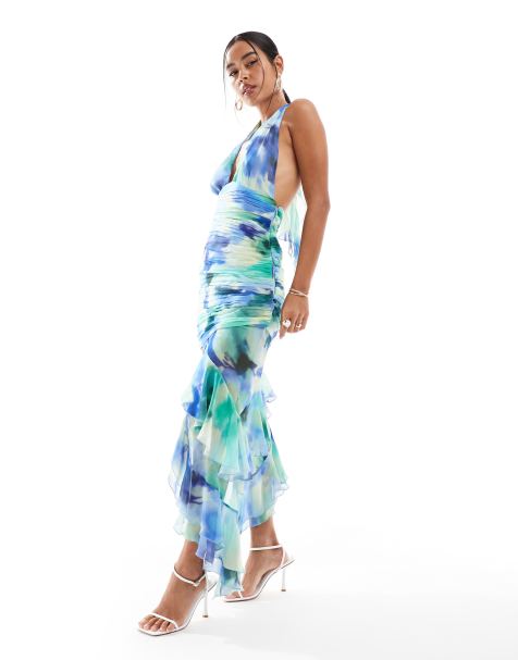 Mango halterneck high split printed midi in blue - view 1