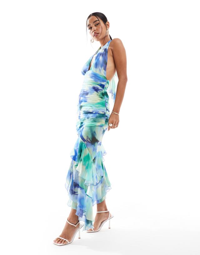 Mango - halterneck high split printed midi in blue