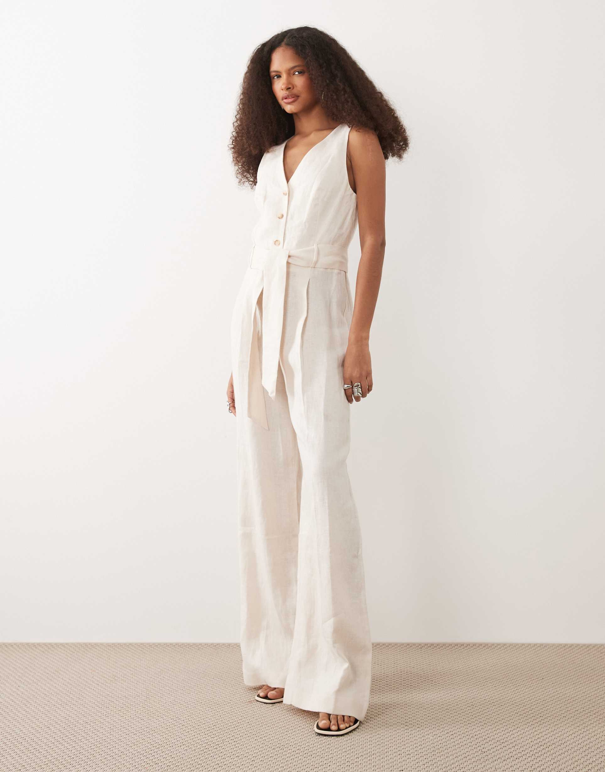 mango halterneck linen tie waist jumpsuit in cream