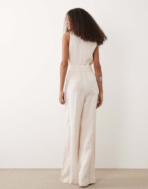 Mango halterneck linen tie waist jumpsuit in cream, 4 of 4