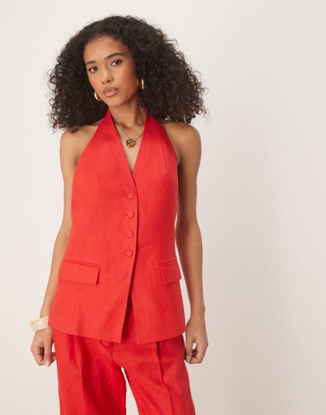 Mango halterneck linen waistcoat co-ord in red - view 1