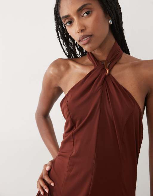 Mango halterneck maxi dress in brown, 3 of 4