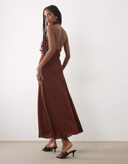 Mango halterneck maxi dress in brown, 4 of 4