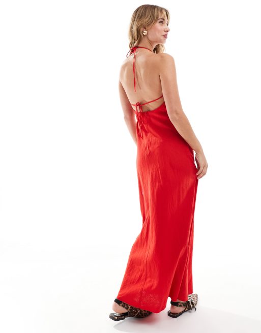 Mango halterneck maxi dress in red | ASOS
