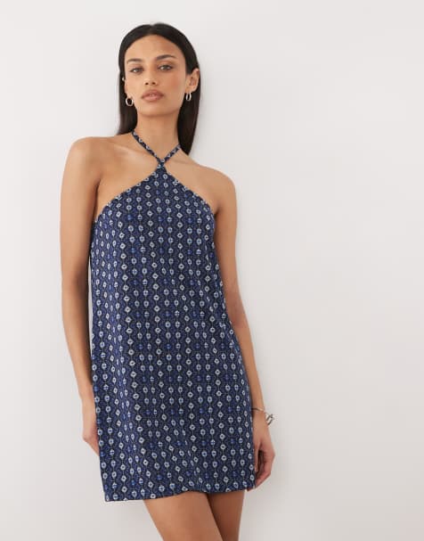 Mango halterneck mini dress in blue print - view 1