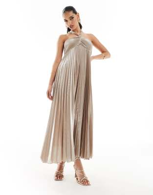 Mango Halterneck Pleated Midi Dress In Silver