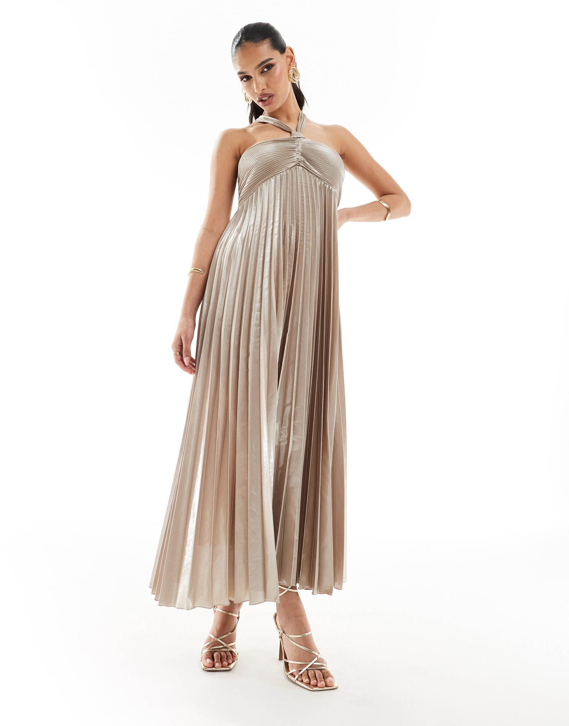 mango halterneck pleated midi dress in silver