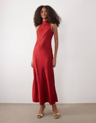 Mango Halterneck Satin Maxi Dress With Tie Back In Red