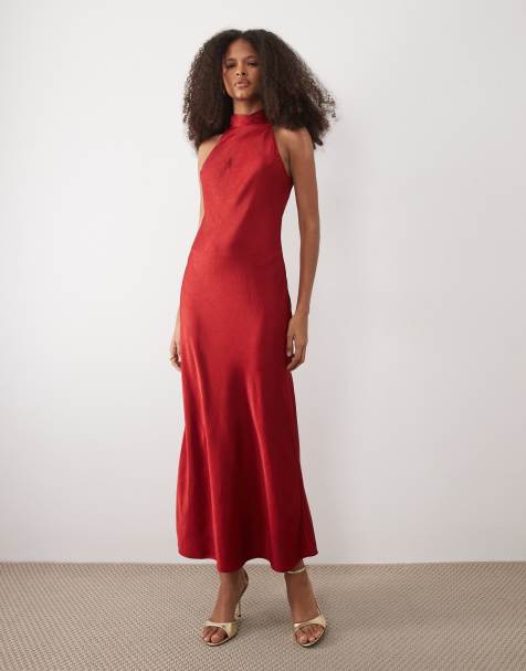 Mango halterneck satin maxi dress with tie back in red
