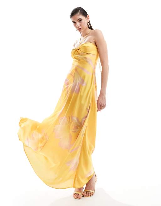  Mango halterneck satin midi dress in yellow