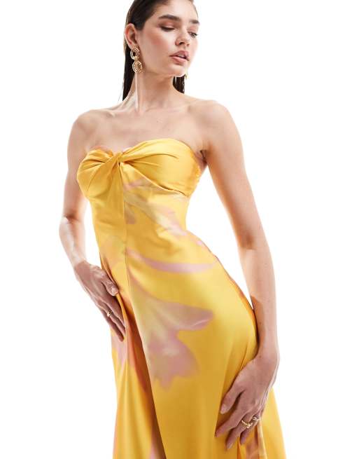 Mango halterneck satin midi dress in yellow