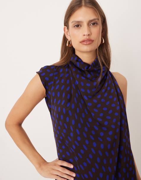 Mango halterneck satin top co-ord in brown polka dot - view 1