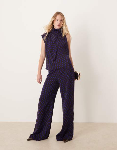 Mango halterneck satin top & trouser co-ord in brown polka dot - view 1