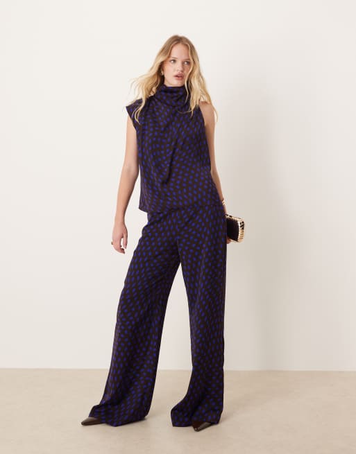 Mango halterneck satin top & trouser co-ord in brown polka dot