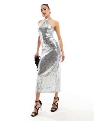 Mango halterneck sequin midi dress in silver