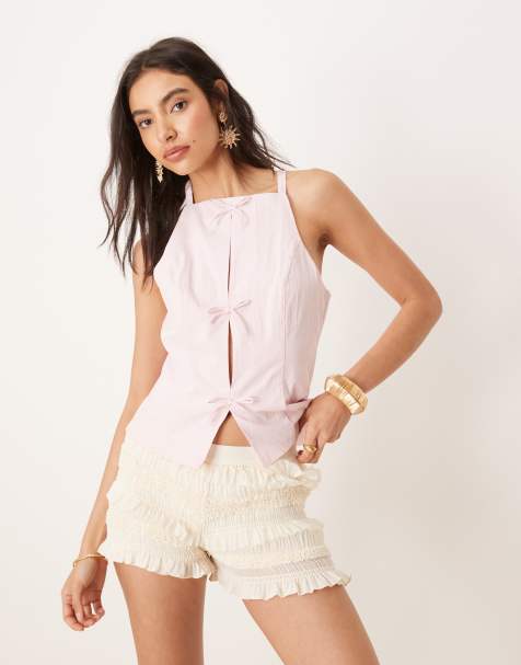 Mango halterneck slim fit structured top with cut out bow detail in pastel pink - view 1