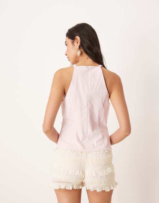 Mango halterneck slim fit structured top with cut out bow detail in pastel pink