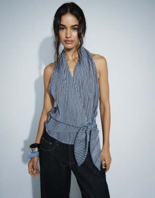 Mango Halterneck Tie Waist Top In Blue