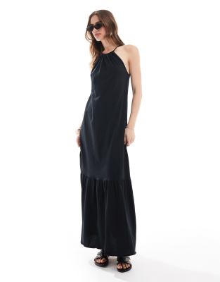 halterneck tiered midi dress in black