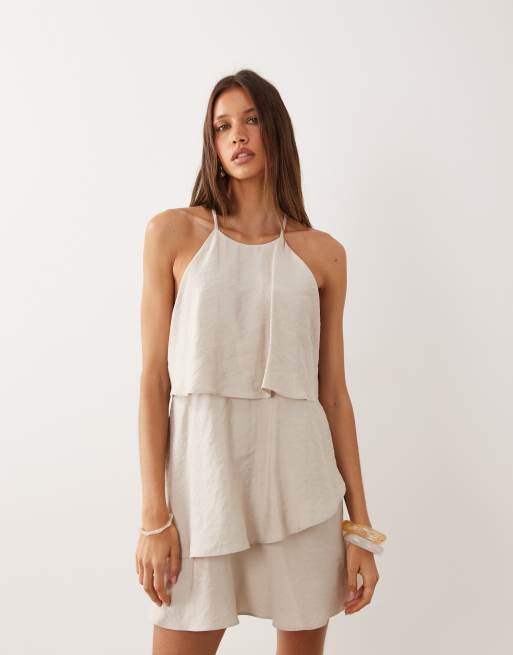 Mango halterneck tiered mini dress in cream, 2 of 4
