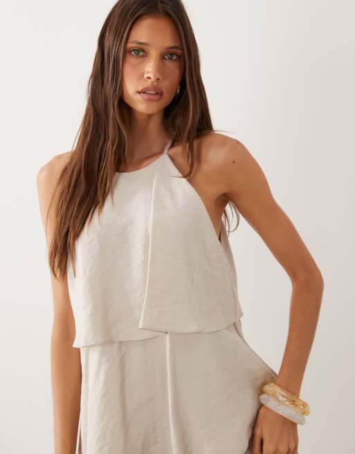 Mango halterneck tiered mini dress in cream, 3 of 4