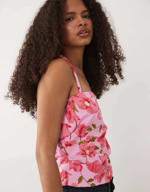 Mango halterneck top in bright pink floral print, 3 of 4