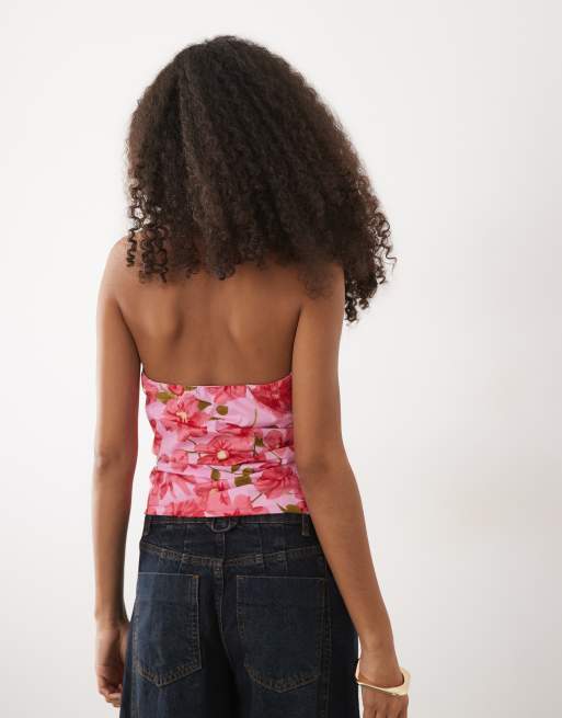 Mango halterneck top in bright pink floral print, 4 of 4