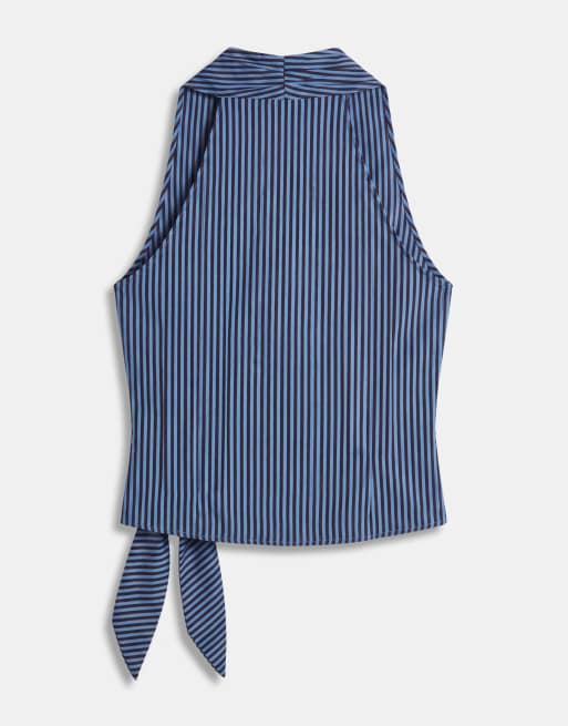 Mango halterneck-top med bindebælte i blå ternet print, 6 af 8